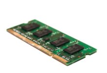 Detailed view of a green electronic memory module against a white background, showcasing modern technology.