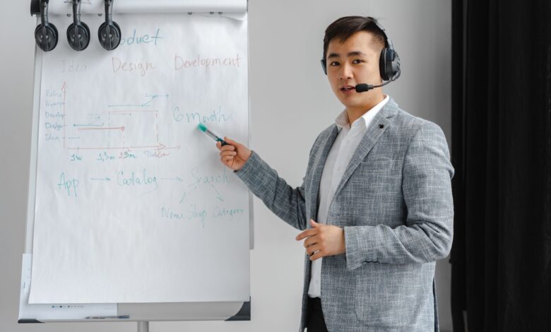 Asian man in a gray suit giving a presentation with a flipchart, wearing a headset.