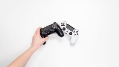 Black and white gaming controllers on a white background, emphasizing minimalism.