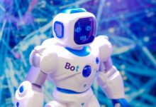 High-tech humanoid robot with LED face display, showcasing modern robotics and innovation.