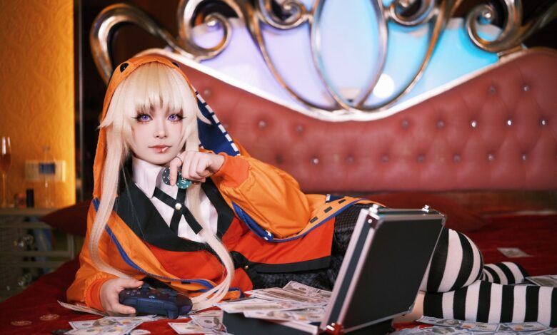 Cosplayer in vibrant outfit lounging on bed with game controller and cash, creating a playful scene.