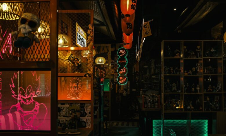 Dark, moody Tokyo diner with neon signs and anime decor, capturing cyberpunk culture.
