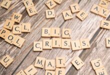 Wooden tiles forming the words 'Big Crisis' on a wooden background.