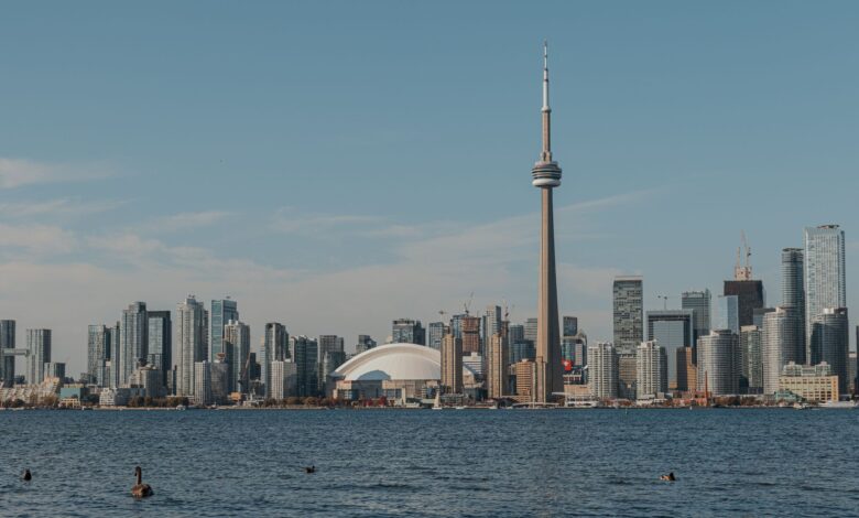 Beautiful view of Toronto skyline from across the water showcasing the iconic CN Tower and Rogers Centre.