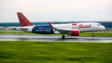 Batik Air Airbus A320 landing on a runway in Banten, Indonesia, showcasing aviation and travel.