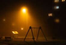 A dimly lit foggy playground under a streetlight at night, creating a mystical atmosphere.