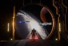 A lone figure watches starships approach a distant planet through a massive spaceport gateway.