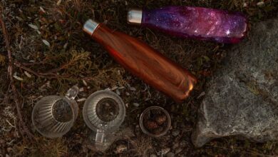 Creative top view of vibrant water bottles and nature-inspired elements on rugged ground.