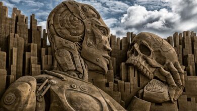 A monumental sculpture of a robot and skull set in Ringkøbing, Denmark, against a dramatic sky.