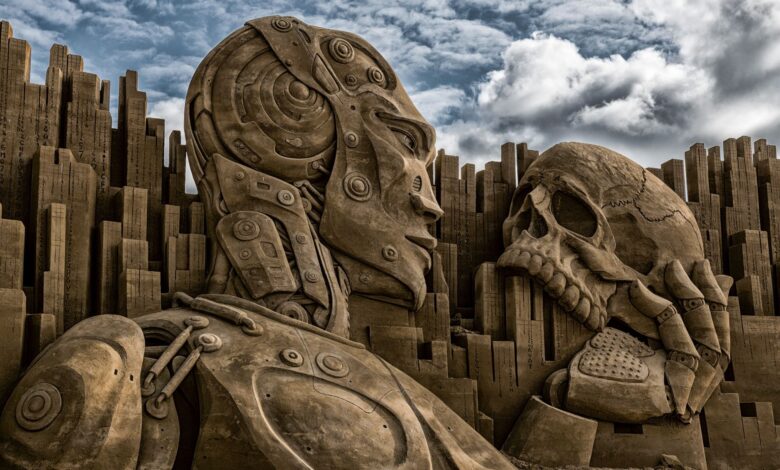 A monumental sculpture of a robot and skull set in Ringkøbing, Denmark, against a dramatic sky.