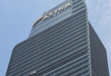 High-rise Astra Tower in Jakarta with window cleaner on a bright day.