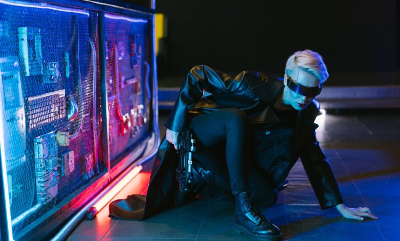 A stylish cyberpunk woman crouching in futuristic neon-lit setting with a gun.