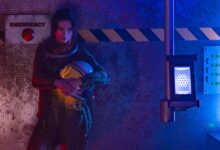 Astronaut in a futuristic setting with emergency alert. Ideal for sci-fi themes.
