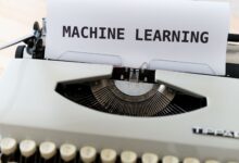 Vintage typewriter displaying 'Machine Learning' text, blending old and new concepts.