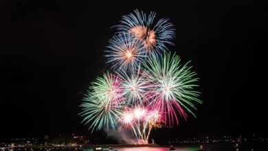 Colorful fireworks illuminate the night sky over Plymouth Harbor, creating a festive and vibrant atmosphere.