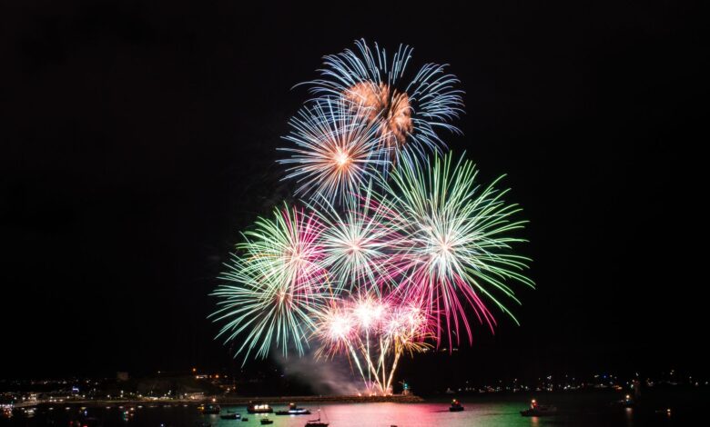 Colorful fireworks illuminate the night sky over Plymouth Harbor, creating a festive and vibrant atmosphere.