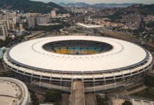 A breathtaking aerial view of Maracanã Stadium in Rio de Janeiro, showcasing its iconic circular structure.