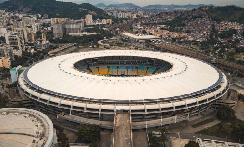 A breathtaking aerial view of Maracanã Stadium in Rio de Janeiro, showcasing its iconic circular structure.
