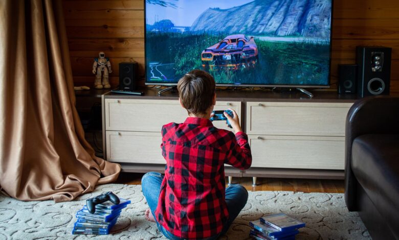Boy in plaid shirt playing video games on console in a cozy living room setting.
