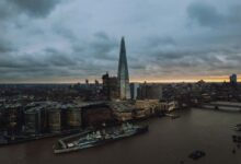 A breathtaking aerial view of London's skyline featuring The Shard during twilight.