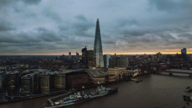 A breathtaking aerial view of London's skyline featuring The Shard during twilight.