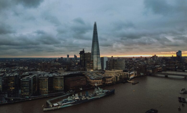 A breathtaking aerial view of London's skyline featuring The Shard during twilight.