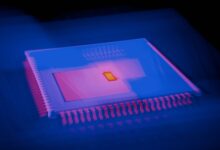 Blurred abstract image of a microchip with heatmap colors highlighting technological innovation.