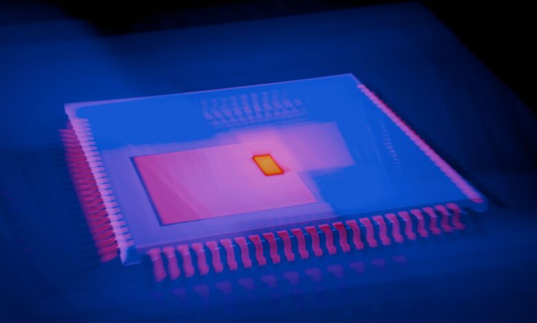 Blurred abstract image of a microchip with heatmap colors highlighting technological innovation.