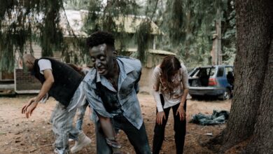 Zombies wandering in a forest, creating a spooky Halloween scene.