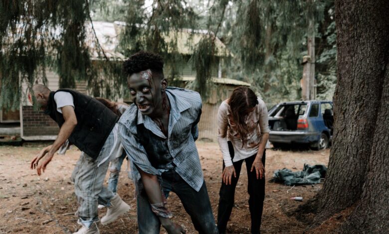 Zombies wandering in a forest, creating a spooky Halloween scene.