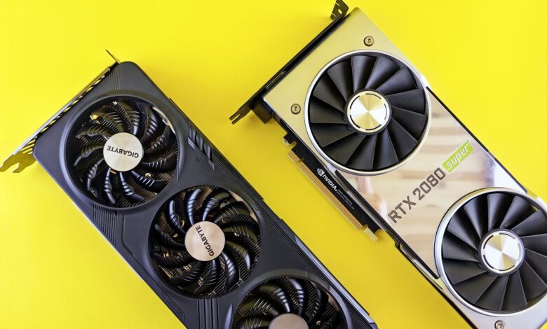 Two modern graphics cards on a bright yellow background, highlighting technology and design.