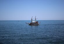 An old-fashioned ship sailing on the calm Black Sea near Constanța, Romania.