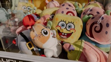A vibrant claw machine filled with various plush toys at an arcade, offering fun entertainment.