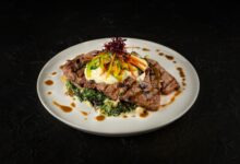 Savor the elegant presentation of a gourmet steak dish with fresh vegetable garnish and creamy sauce.