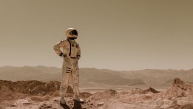 Astronaut standing in a desolate landscape, evoking sci-fi exploration on another planet.