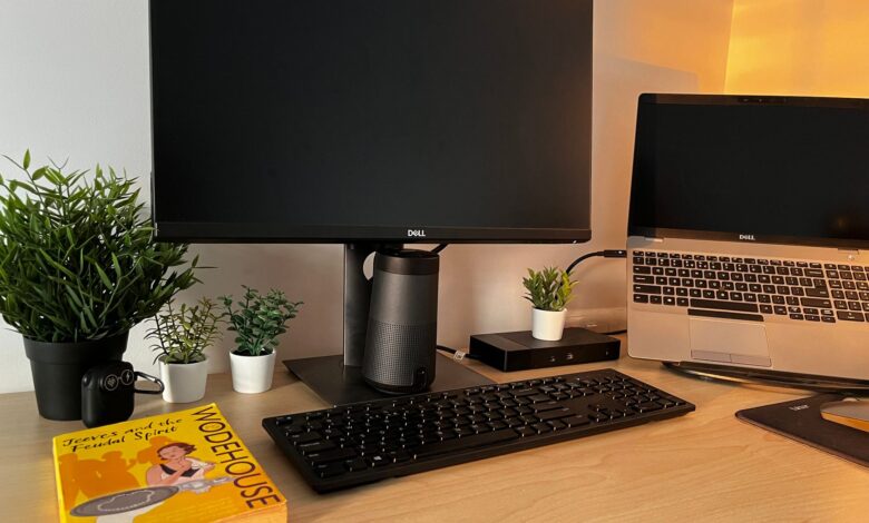 A modern home office setup featuring a monitor, laptop, and greenery for remote work inspiration.