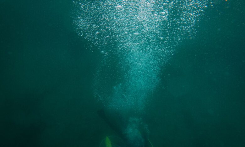 A scuba diver creates a trail of bubbles while exploring the deep ocean underwater.