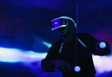 A person engaged in a virtual reality game using a VR headset and motion controllers.