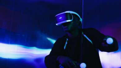 A person engaged in a virtual reality game using a VR headset and motion controllers.