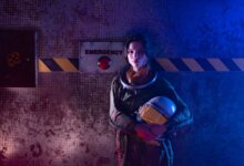 A futuristic woman astronaut standing near an emergency button in a sci-fi setting.