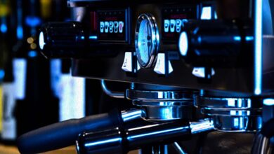 Stylish close-up of a professional espresso machine, ideal for coffee enthusiasts and cafe scenes.
