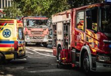 Fire trucks and ambulance in action at an emergency scene in Wrocław.