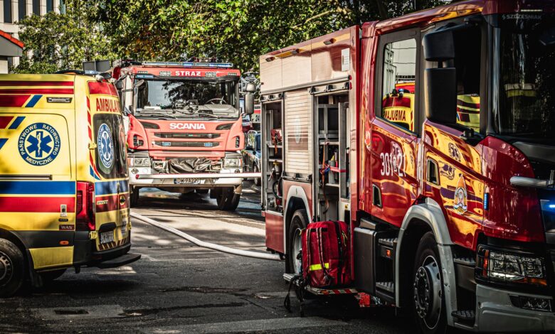Fire trucks and ambulance in action at an emergency scene in Wrocław.