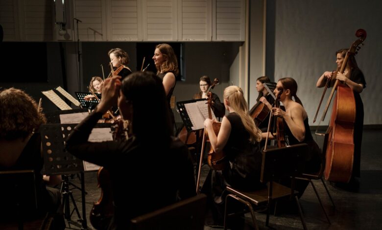 A group of professional musicians performing a classical symphony on stage.