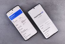 Comparison of two smartphones showing Realme UI and Xiaomi HyperOS interfaces on their screens.