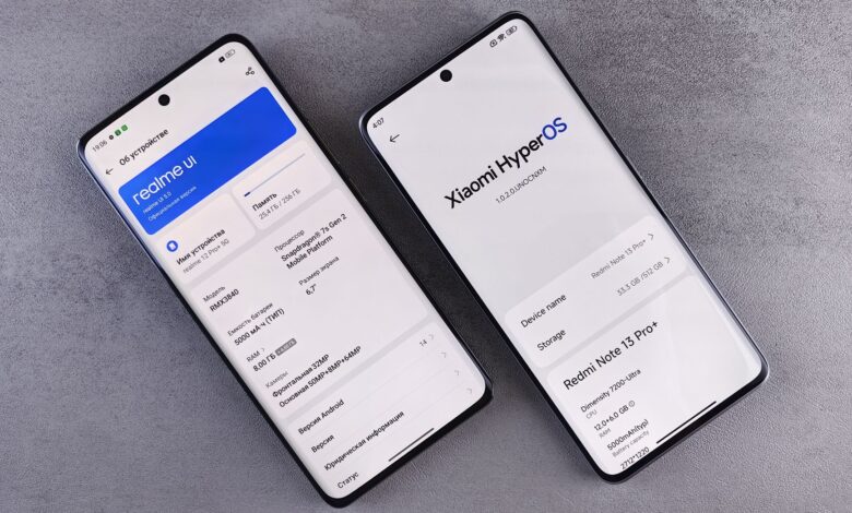 Comparison of two smartphones showing Realme UI and Xiaomi HyperOS interfaces on their screens.