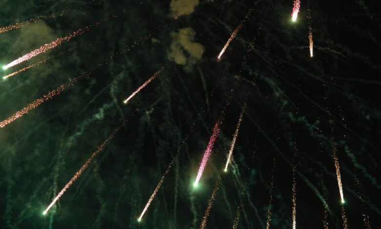 Stunning fireworks burst across the dark night sky, ideal for celebration themes.