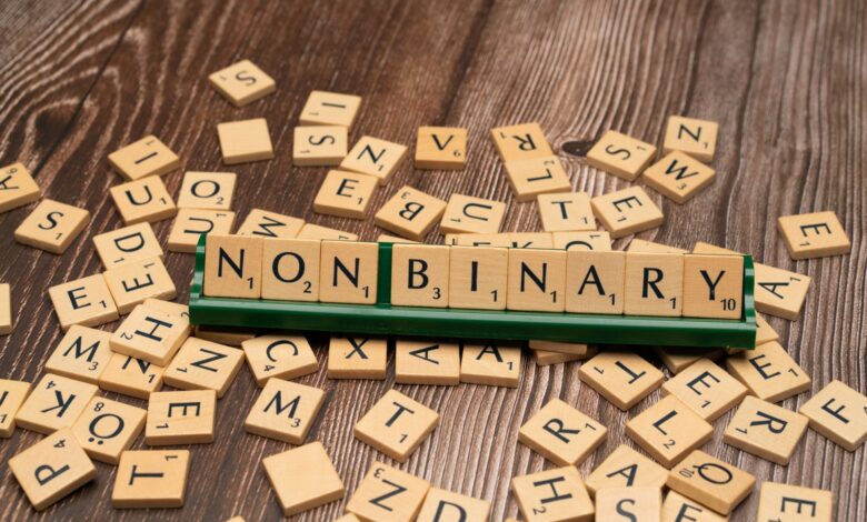 Wooden letter tiles spell 'Non Binary,' reflecting gender identity and inclusion.