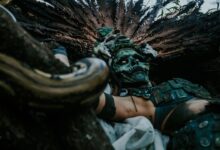 A mysterious figure in an ancient costume with a skull mask, surrounded by nature.