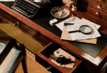 A moody vintage detective's desk with typewriter, magnifying glass, and secret documents.